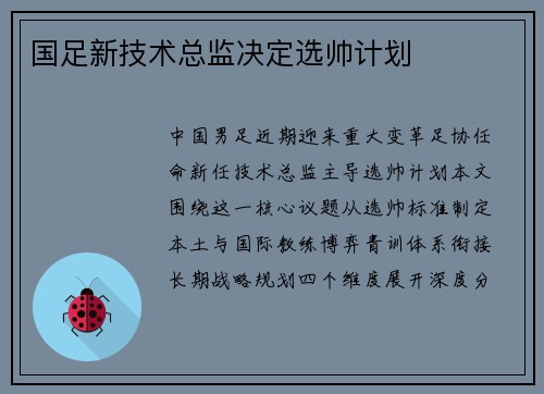 国足新技术总监决定选帅计划